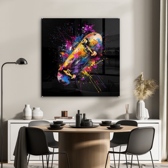 MuchoWow® Glasschilderij 90x90 cm - Schilderij acrylglas - Graffiti - Sport - Skateboard - Skate - Foto op glas - Muurdecoratie woonkamer - Wanddecoratie slaapkamer - Schilderijen