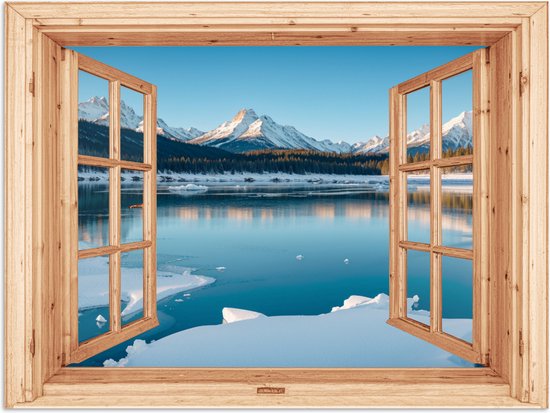 Poster 40x30 cm - Doorkijk - Landschap - Winter - Meer - Bergen - Uitzicht - Posters - Kamer decoratie - Wanddecoratie woonkamer - Muurdecoratie slaapkamer