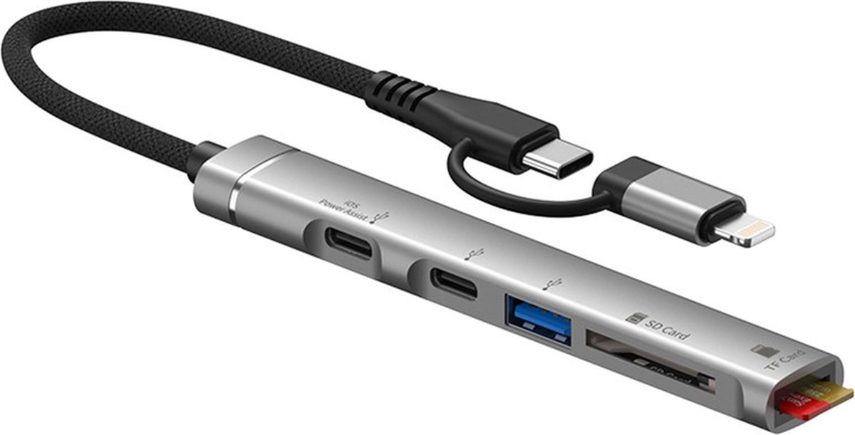 Image of 5-IN-1 8-Pin (Lightning) + USB-C naar 2X USB-C + USB 3.0 + SD + Micro SD (TF) - Kabel adapter hub lezer - geschikt voor o.a. iPhone en iPad en Macbook - grijs