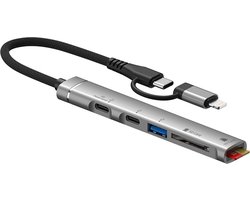 5-IN-1 8-Pin + USB-C naar 2X USB-C + USB 3.0 + SD + Micro SD (TF) – geschikt voor Lightning – Kabel adapter hub lezer – geschikt voor o.a. iPhone en iPad en Macbook – grijs