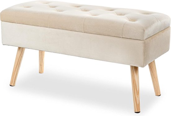 HOMCOM bank gestoffeerde bank met opbergruimte armleuningen borstbank moderne gang slaapkamer woonkamer fluweelzacht polyester rubber hout beige 115,5 x 43,5 x 66 cm