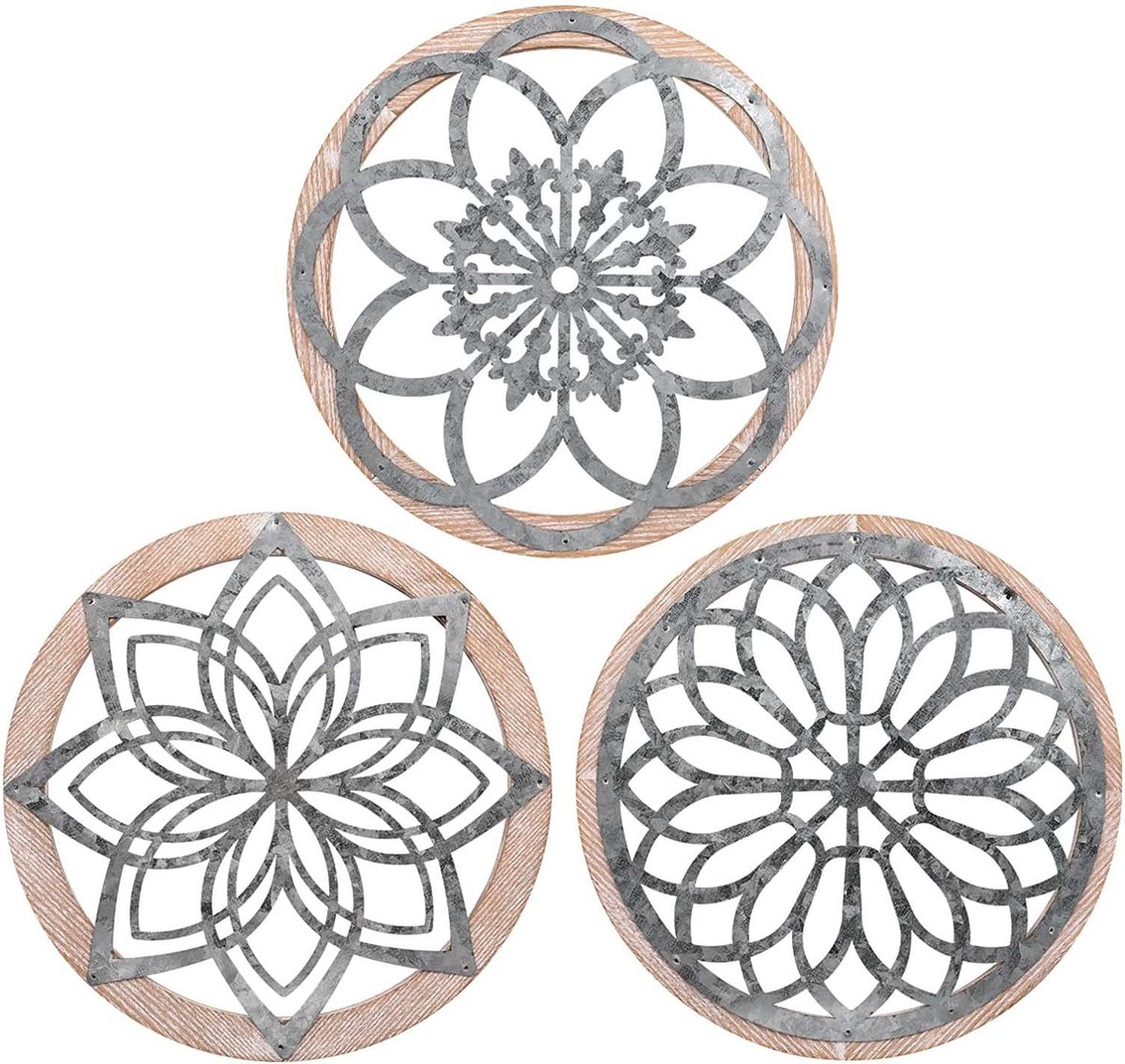 La'Moussawi ® Unieke Rustieke Ronde Wanddecoratieset van Metaal en Hout voor Diverse Ruimtes
