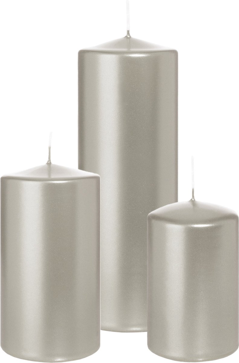 Wiedemann Cilinderkaarsen/stompkaarsen - set van 3 - metallic zilver - 6x8/7x13/7x20 cm