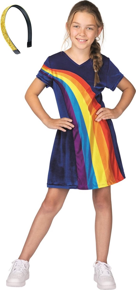 K3 regenboogjurkje - regenboog jurkje - regenboogjurk - verkleedjurk, jurk - mt 6-8 jaar + glitter haarband