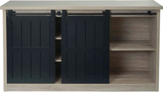 Houten dressoir met twee zwarte schuifdeuren in het midden en open vakken aan de zijkanten.