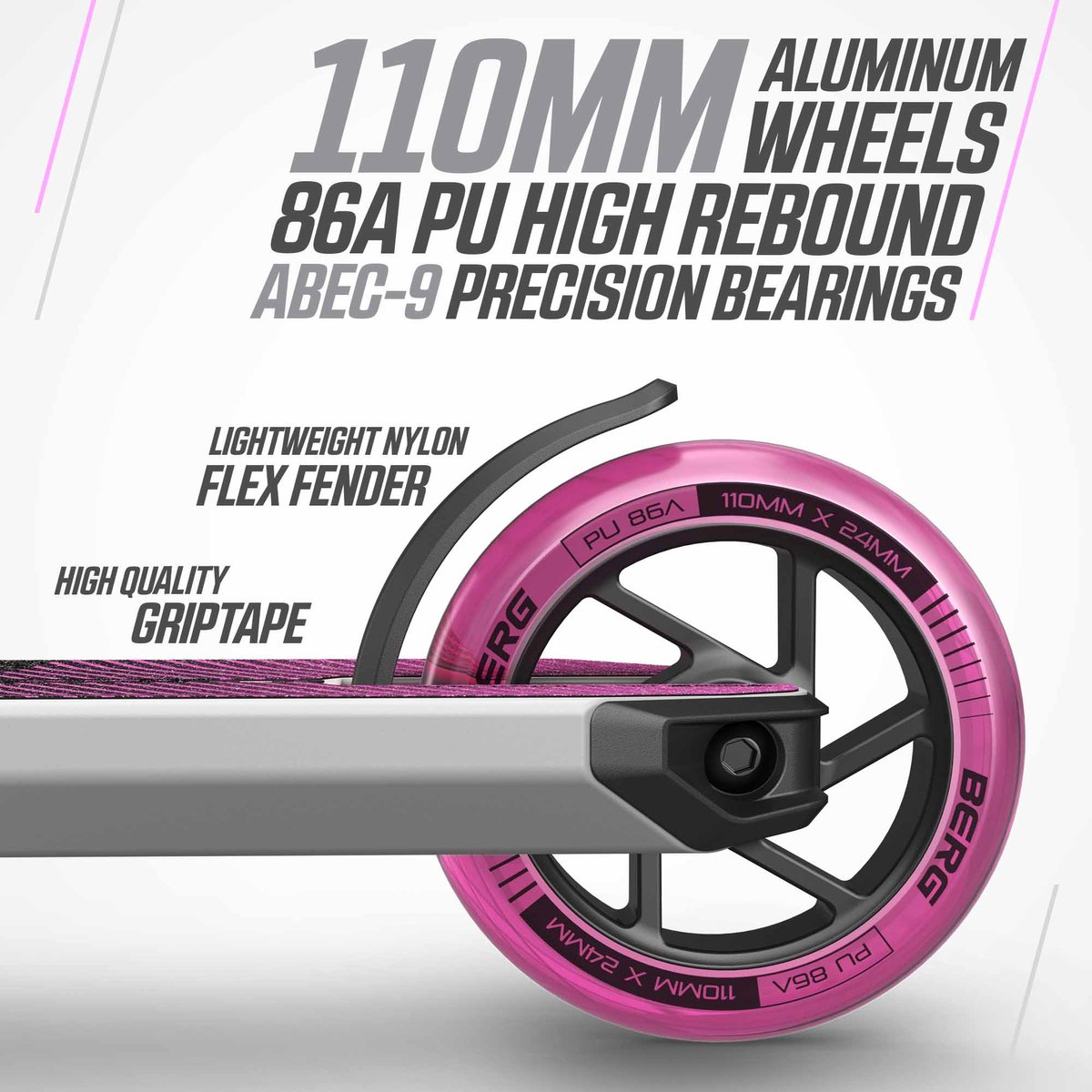 BERG Proxus X1 Stuntstep - Vanaf 6 jaar - 110 mm wielen - ABEC-9 lagers – Grijs/Roze — afbeelding 8