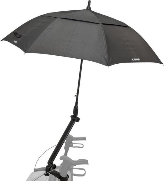 Zwarte TOPRO paraplu, gemonteerd op de duwstang van een rollator.