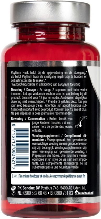 Achterkant van een Lucovitaal Psyllium Husk Vezels pot met ingrediënten en gebruiksinformatie.