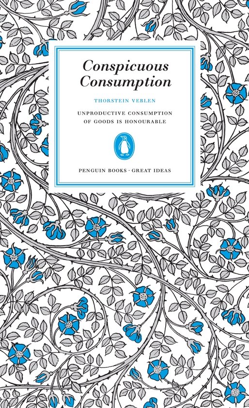 Livre avec des fleurs bleues et un motif de feuilles grises. Titre : Conspicuous Consumption.