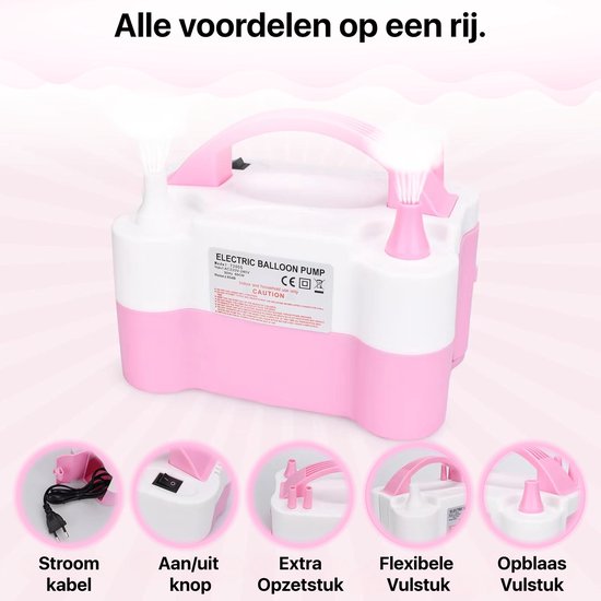 Roze elektrische ballonnenpomp met 5 gedetailleerde afbeeldingen van meegeleverde accessoires.