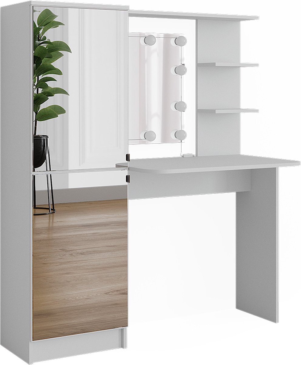 Vicco Kaptafel Jasmin, Wit, 123 x 141.2 cm met spiegel en LED-lichtslinger