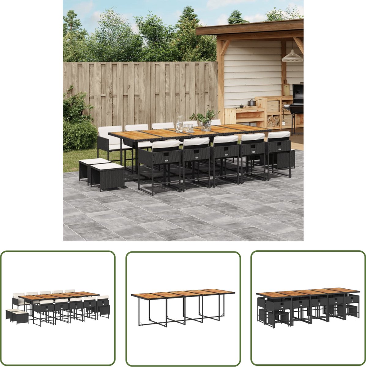 The Living Store 15-delige Tuinset met kussens poly rattan zwart - Tuinset - Eetkamer Set - Buitentijd - Patio Furniture - Lounge Set