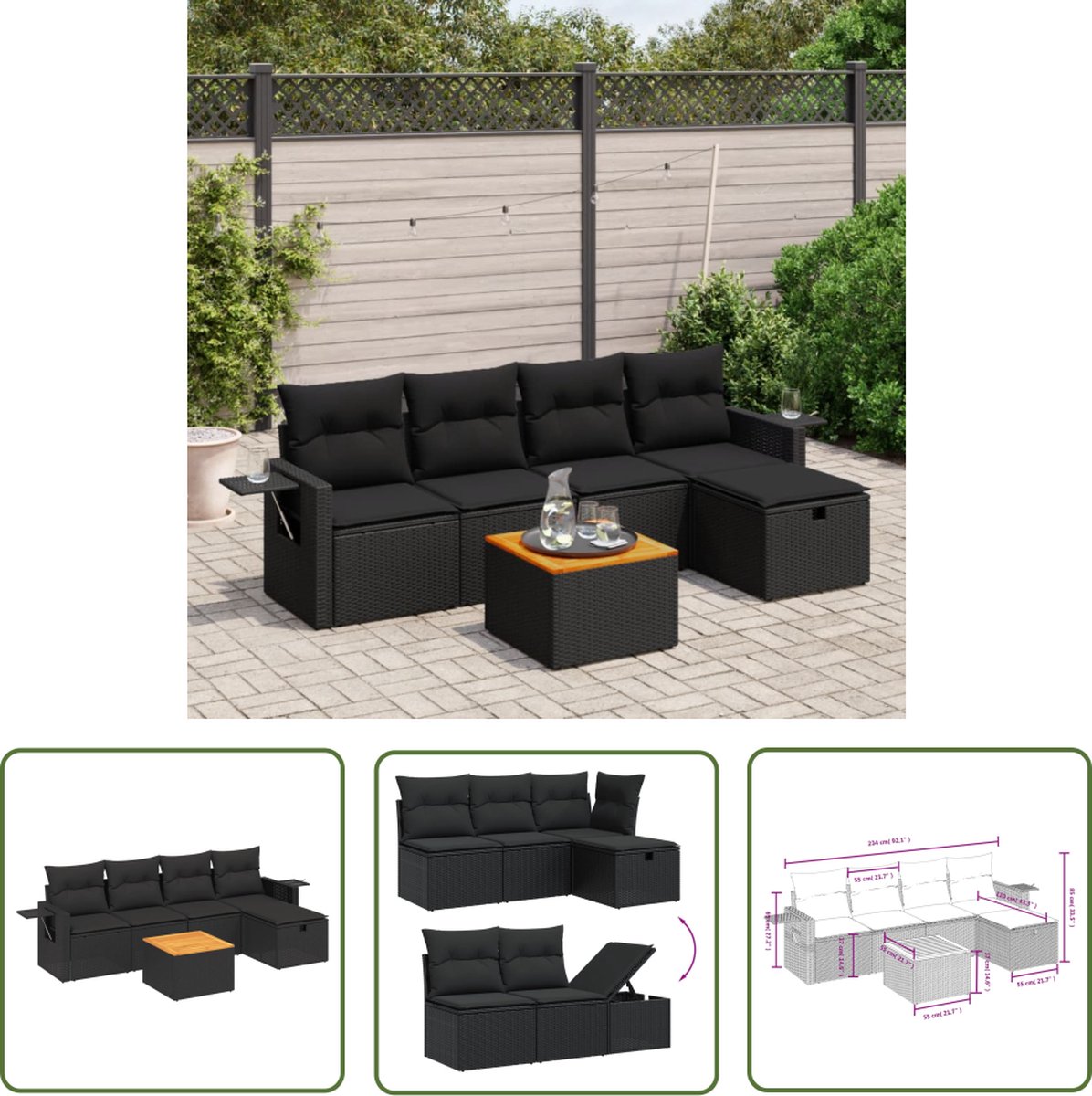 The Living Store 6-delige Loungeset met kussens poly rattan zwart - Loungeset - Lounge Set - Buitendecoratie - Tuinmeubels - Tuinlounge