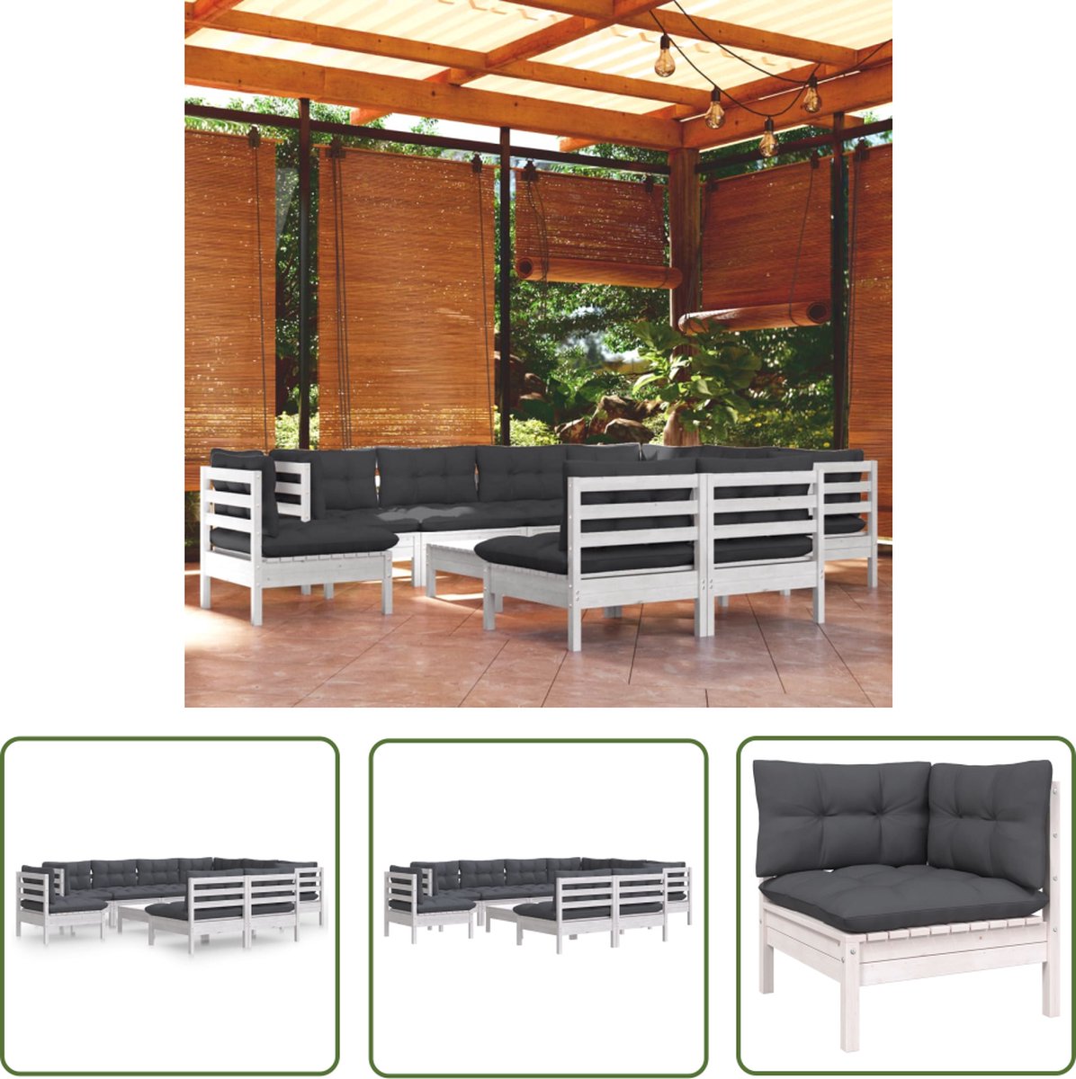 Tuin Loungeset van massief wit grenenhout met kussens - 10-delige set.
