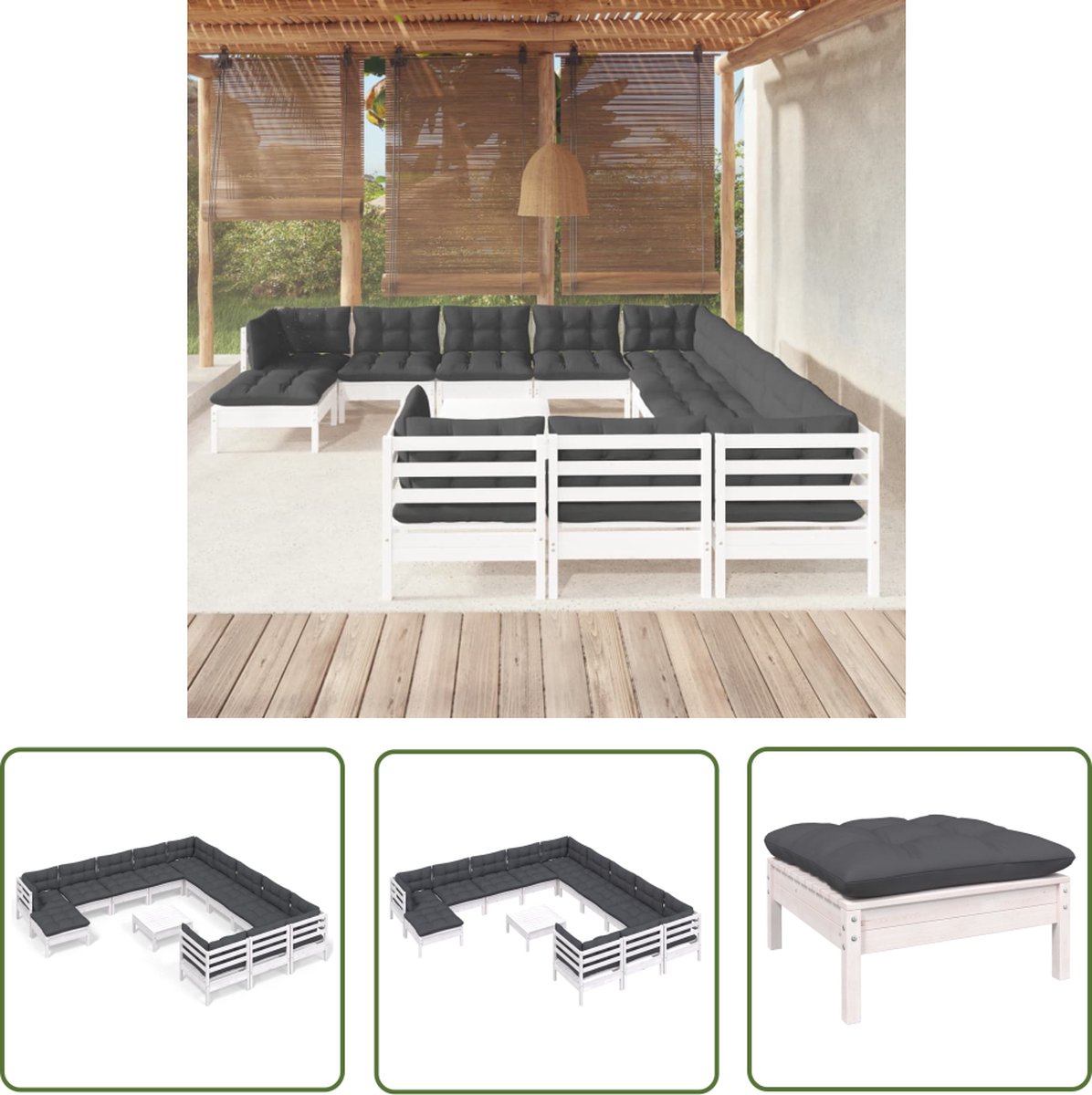 The Living Store 13-delige Loungeset met kussens grenenhout wit - Loungeset - Tuinset - Hout Meubel - Grenenhout - Lounge Bank