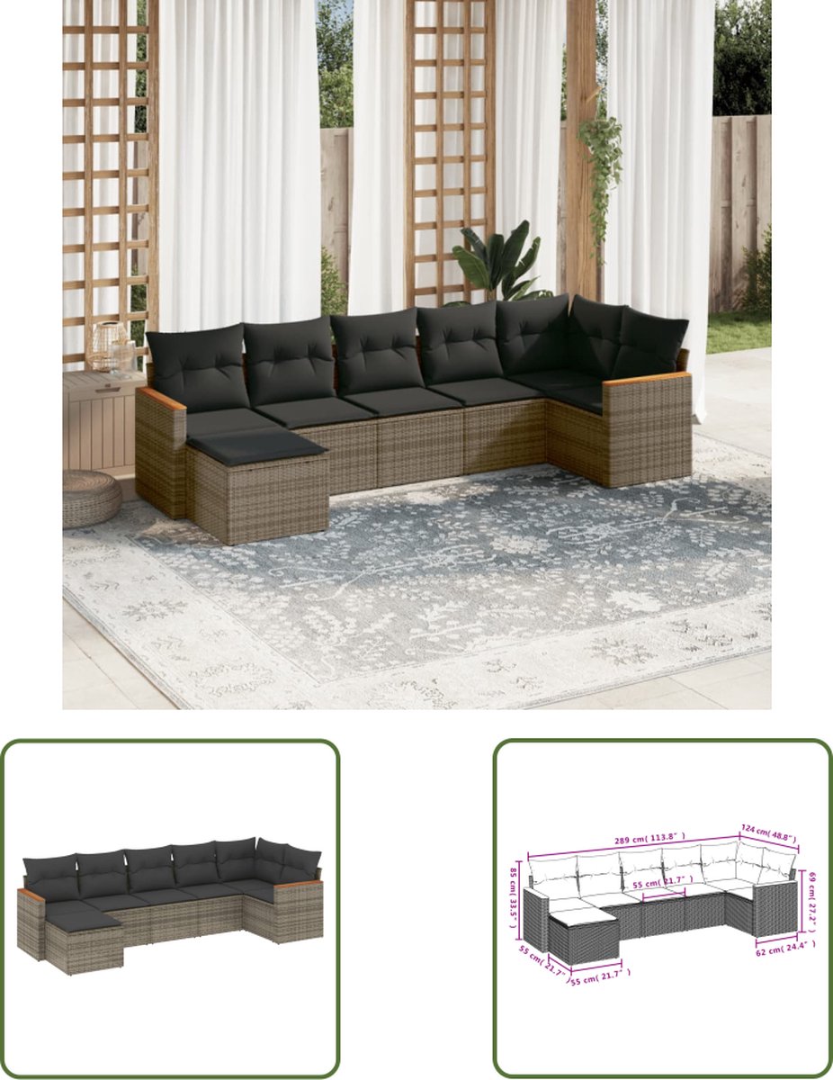 The Living Store 7-delige Loungeset met kussens poly rattan grijs - Loungeset - Lounge Set - Tuinmeubels - Outdoor Furniture - Ratan Meubel