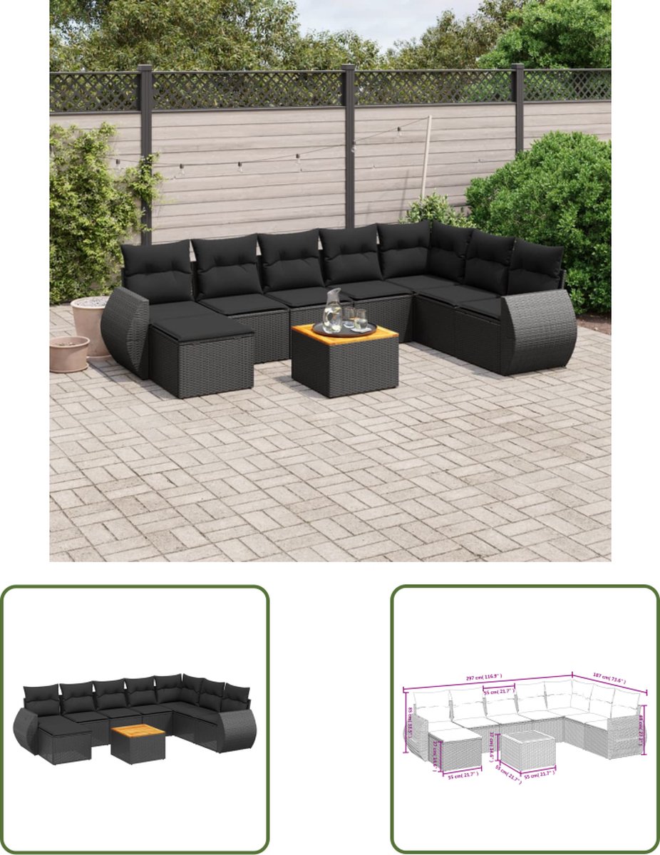 Zwarte poly rattan loungeset met kussens voor buiten - The Living Store.