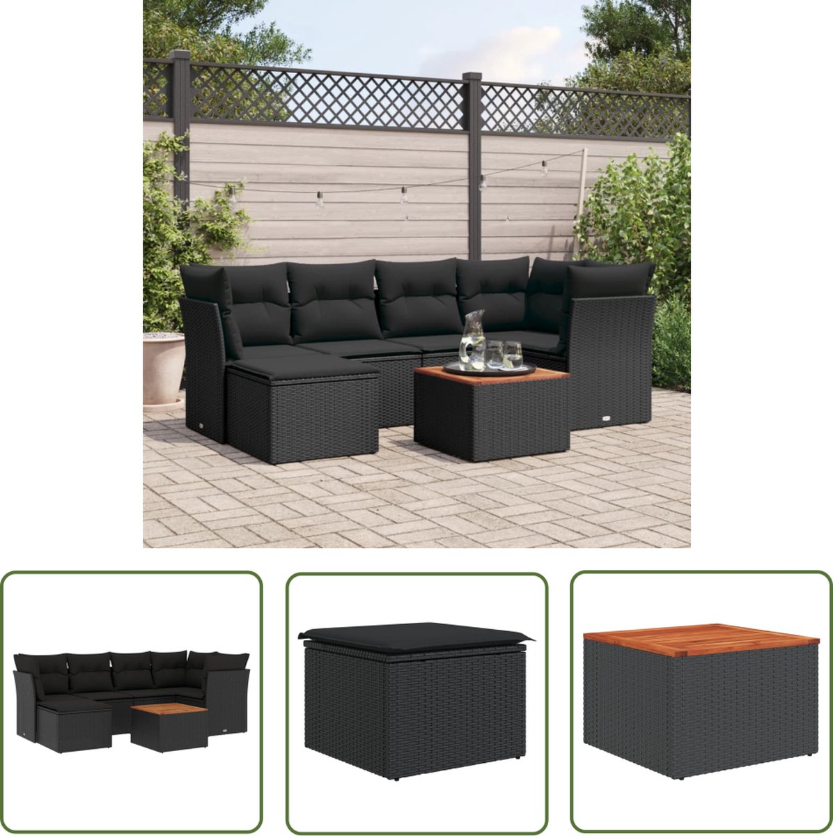The Living Store 7-delige Loungeset met kussens poly rattan zwart - Loungebank - Lounge Set - Tuinlounge - Buitendrank - Outdoor Furniture