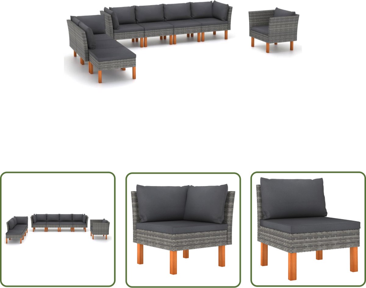 8-delige Loungeset poly rattan en eucalyptushout grijs - Tuinmeubels - Lounge Set.