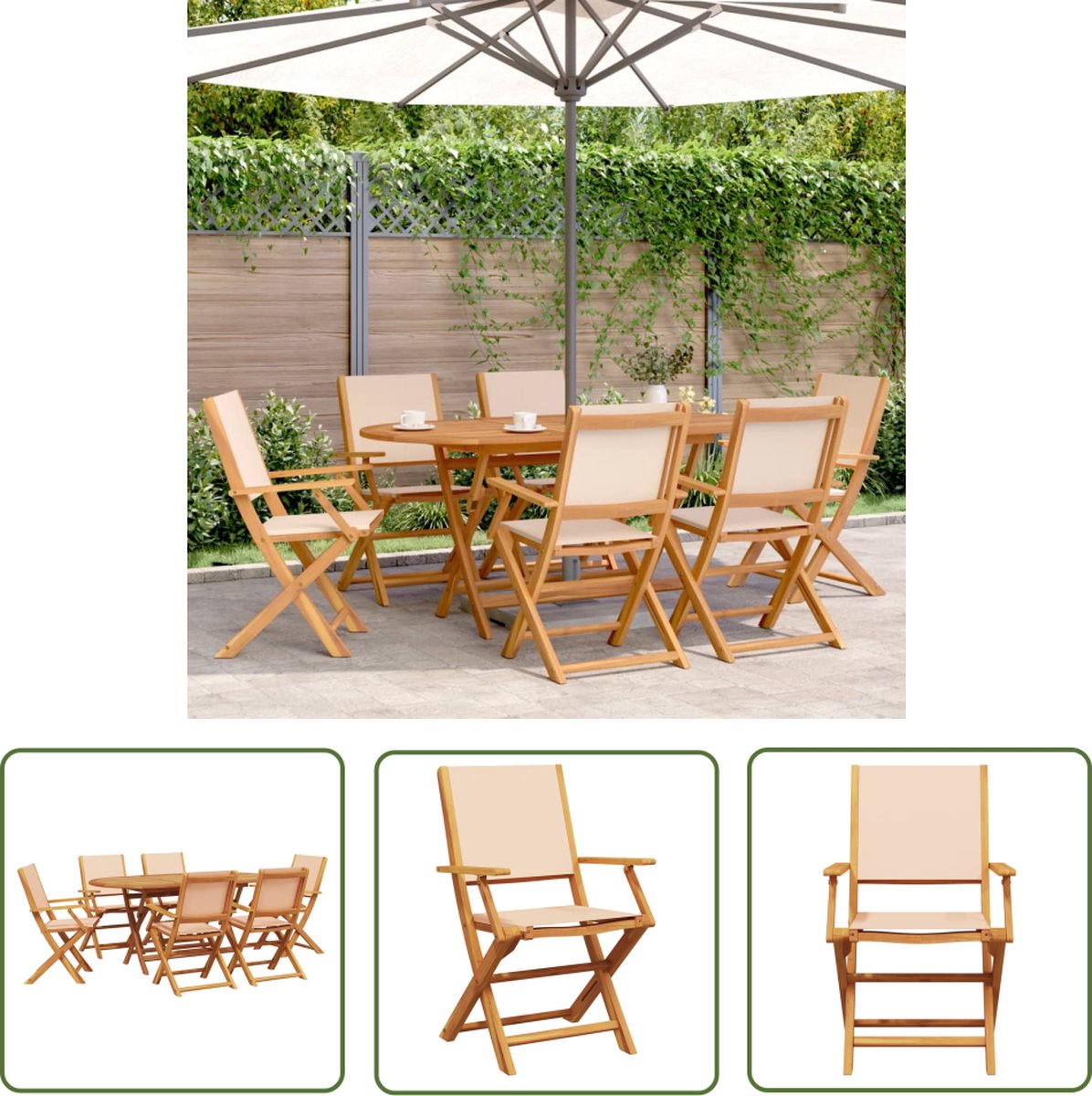 The Living Store 7-delige Tuinset massief hout en stof beige - Tuin Set - Acacia Hout - Buitentijd - Eetkamerset - Tuintafel