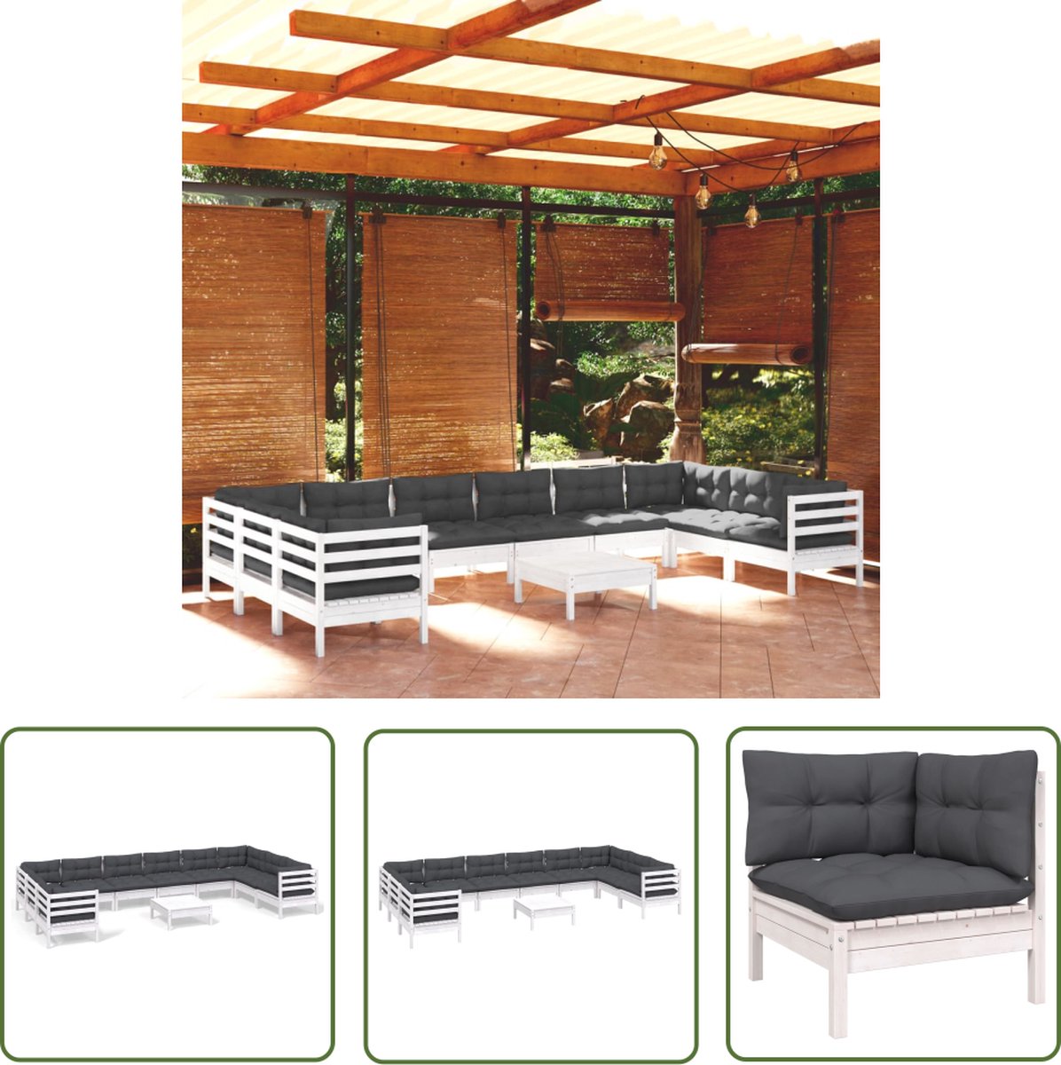 11-delige witte loungeset van grenenhout met kussens - lounge stoel.