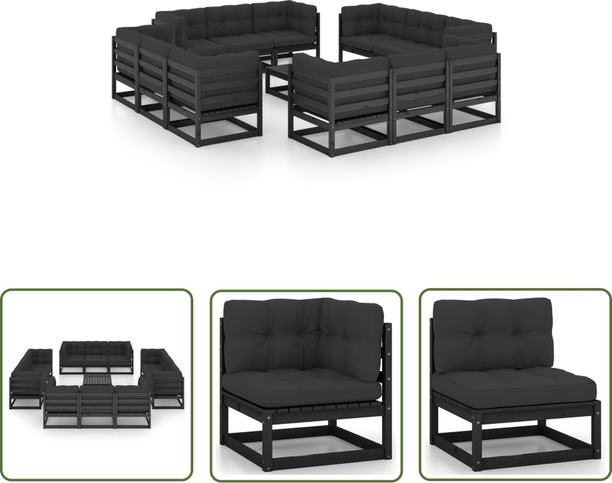 Massief grenenhouten loungeset met kussens en buis stoffen bank.