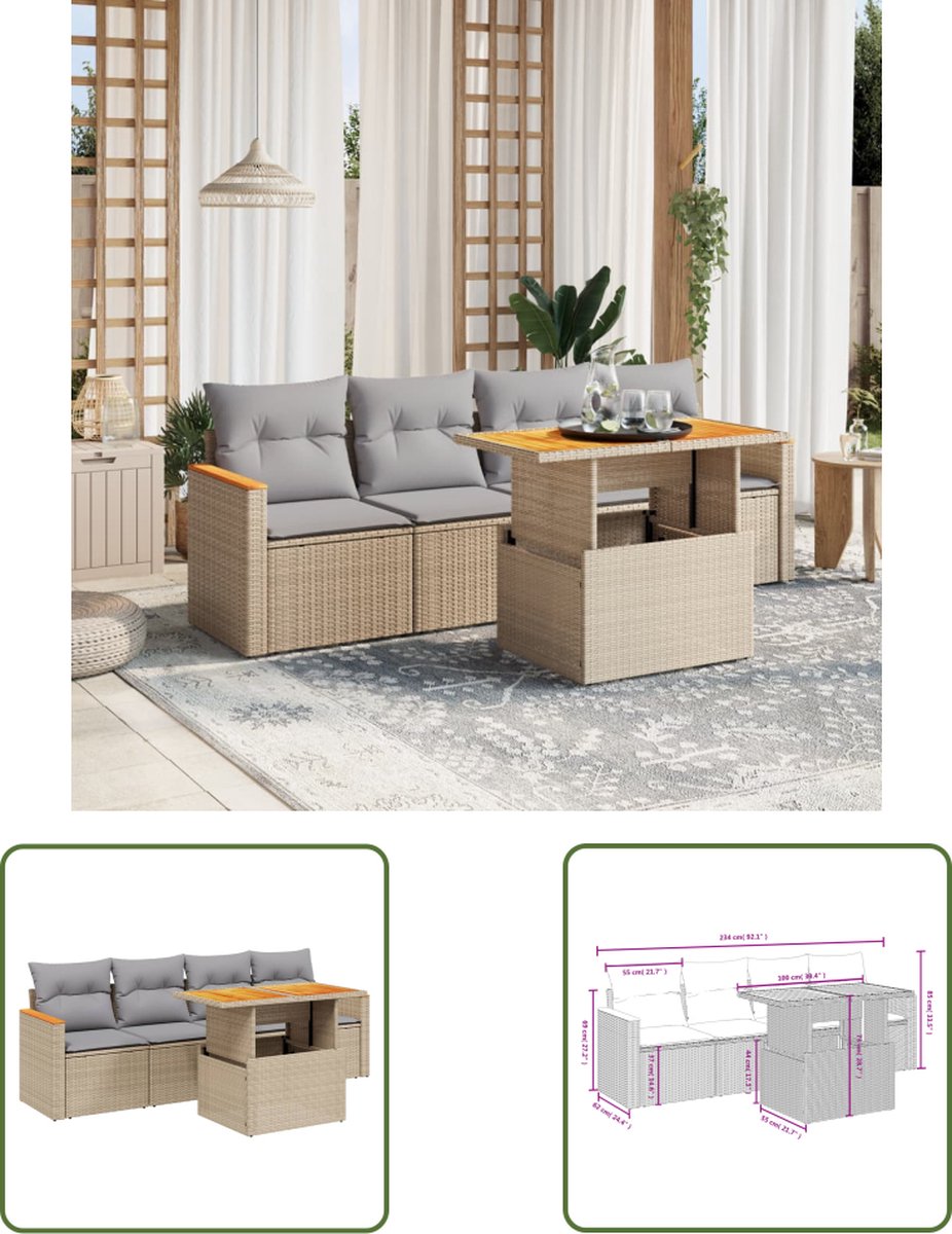 The Living Store 5-delige Loungeset met kussens poly rattan beige - Loungebank - Lounge Set - Tuinset - Buitendecoratie - Tuinlounge