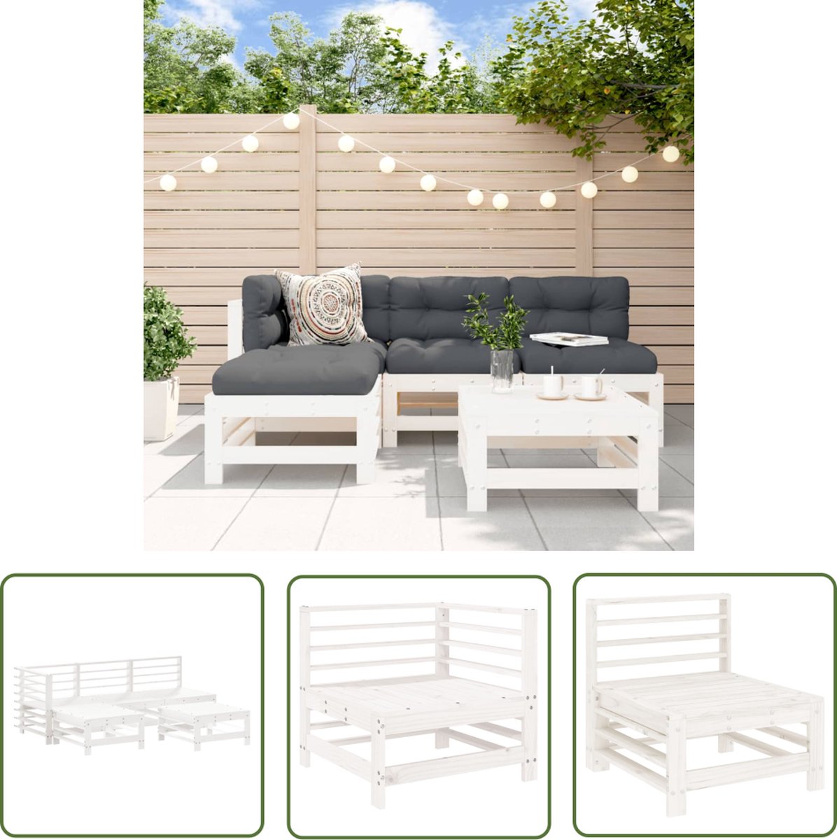 The Living Store 5-delige Loungeset massief grenenhout wit - Loungeset - Tuinset - Tuinmeubel - Hout Meubel - Grenenhout