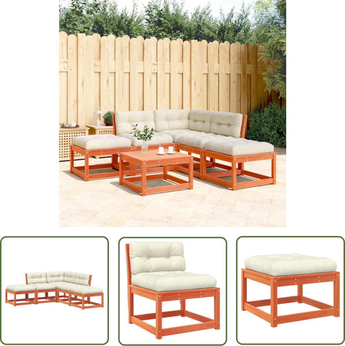 The Living Store 5-delige Loungeset met kussens massief grenenhout wasbruin - Tuinmeubles - Lounge Set - Houten Tuinbank - Buitendecoratie - Balkonmeubels