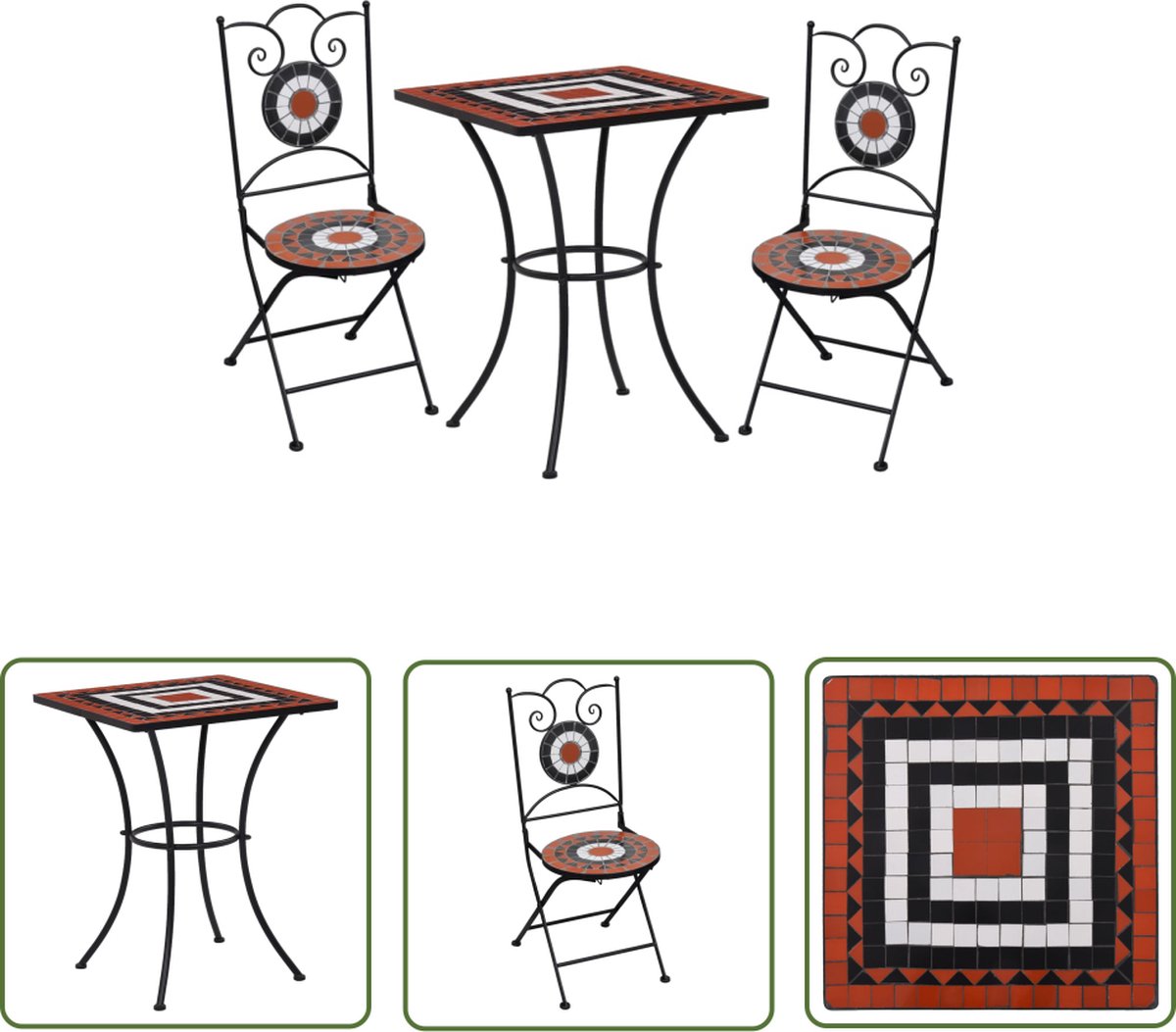 The Living Store 3-delige Bistroset mozaïek keramische tegel terracotta en wit - Tuinmeubel - Bistroset - Mozaïek - Terracota - Witte Meubels