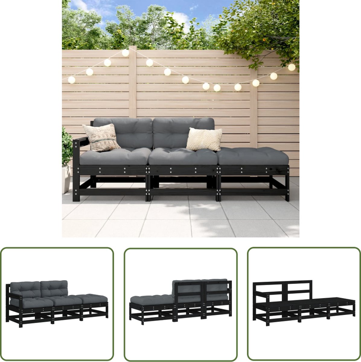The Living Store 3-delige Loungeset met kussens massief hout zwart - Loungeset - Tuinmeubilair - Lounge Set - Houten Loungestoel - Outdoor Furniture