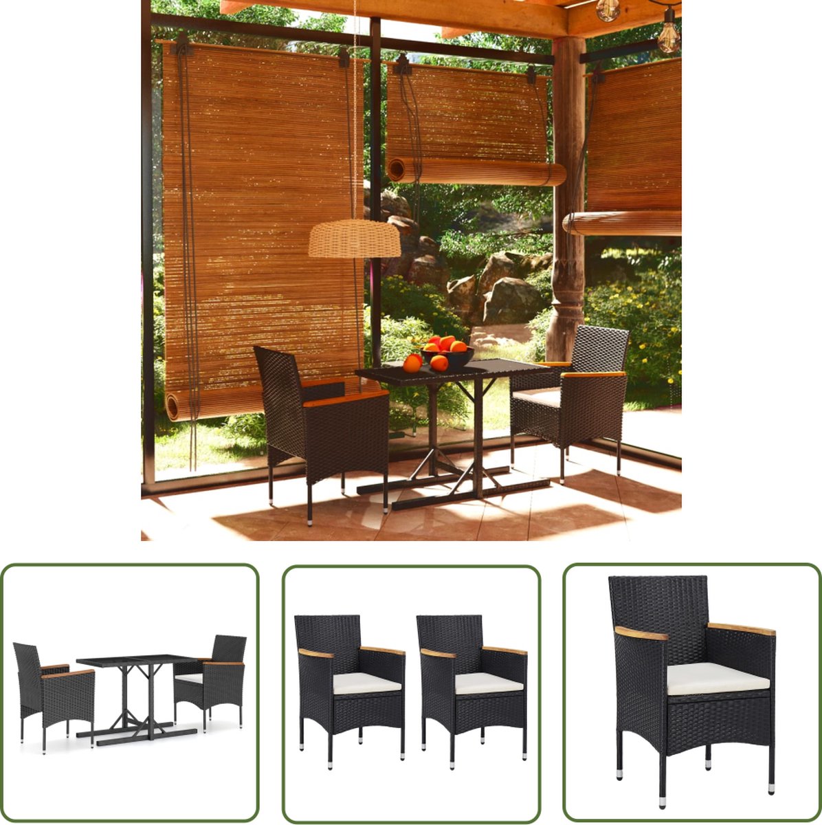 The Living Store 3-delige Tuinset zwart - Tuinbank - Eetkamerstoel - Buitentijd - Lounge Set - Patio Furniture