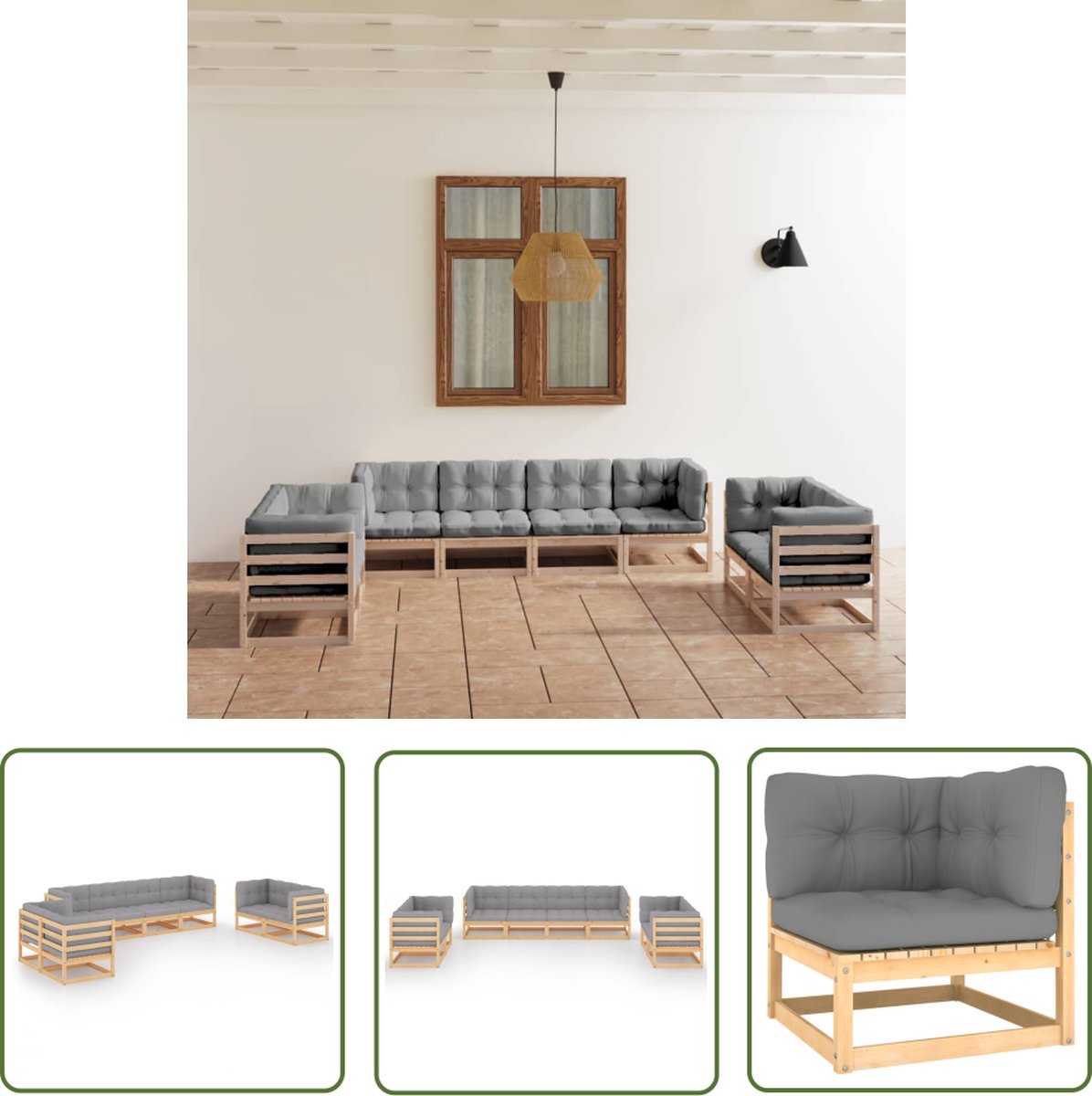 The Living Store 8-delige Loungeset met kussens massief grenenhout - Tuinmeubel - Lounge Set - Houten Bank - Buitendecoratie - Tuinset
