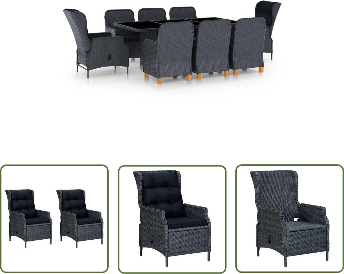 The Living Store 9-delige Tuinset met kussens poly rattan donkergrijs - Eetkamerset - Buiteneetgedeelte - Lounge Set - Ratan Meubels - Kunststof Meubels