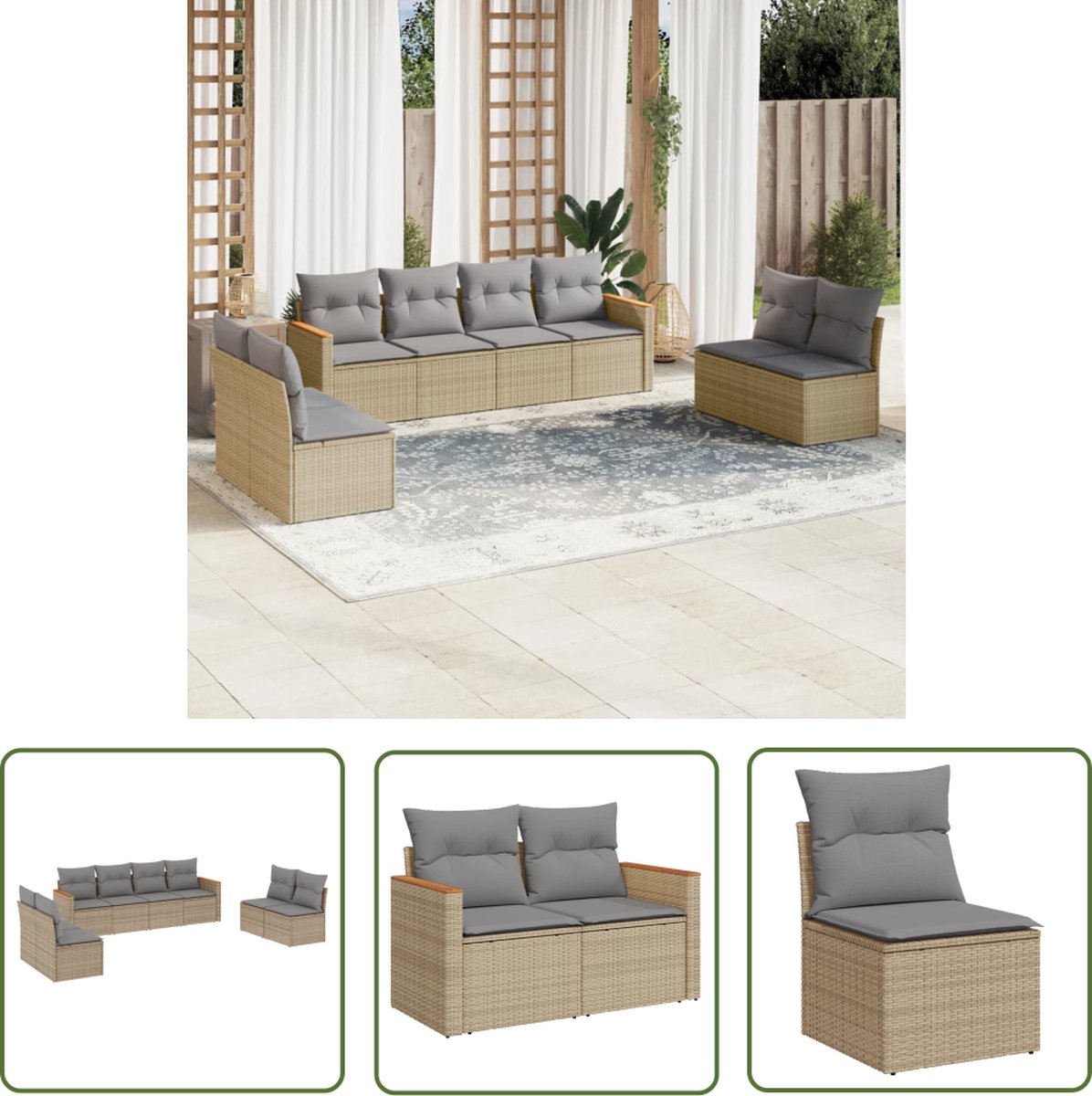 The Living Store 8-delige Loungeset met kussens poly rattan gemengd beige - Loungebank - Tuinset - Lounge Set - Buitendecoratie - Tuinbank