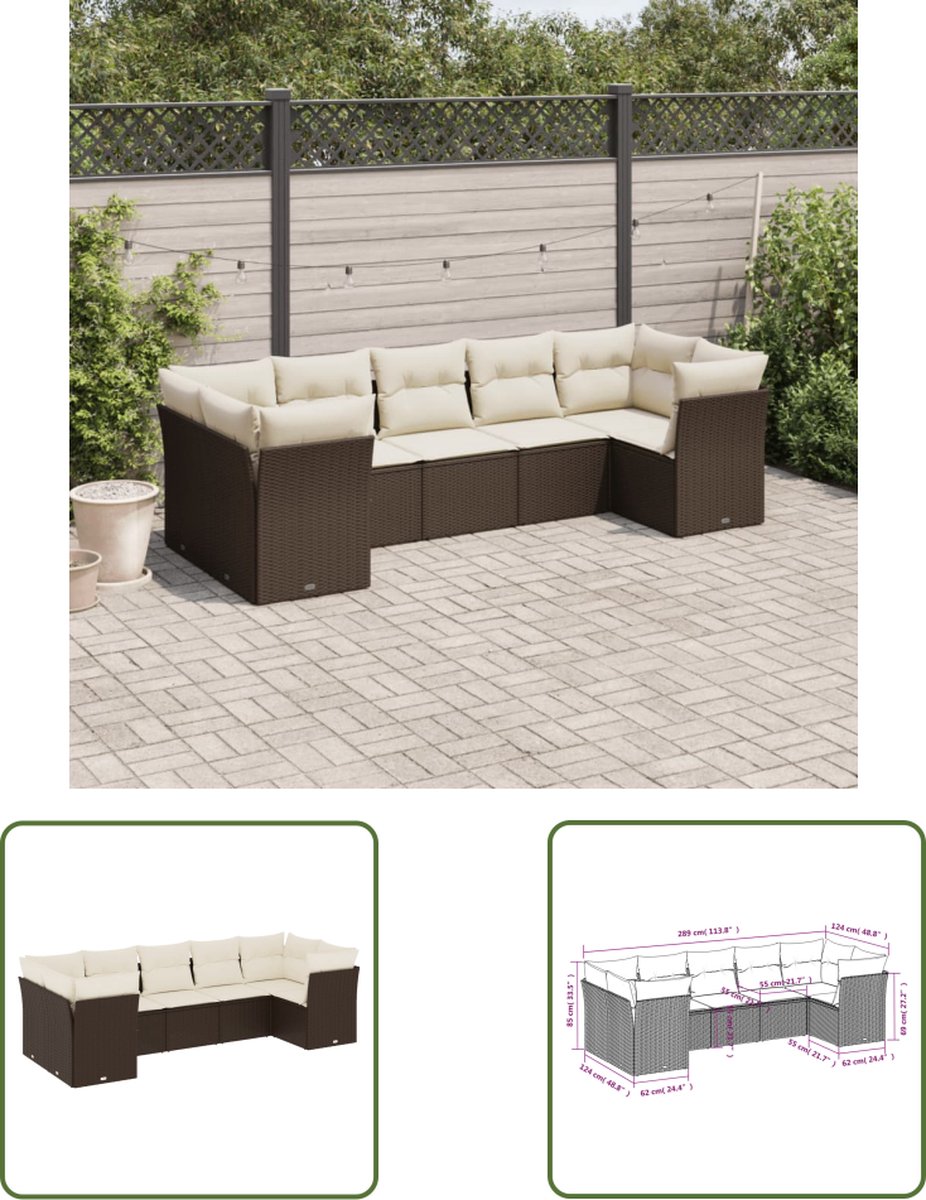 The Living Store 7-delige Loungeset met kussens poly rattan bruin - Loungeset - Lounge Set - Buis Meubel - Tuinlounge - Outdoor Furniture