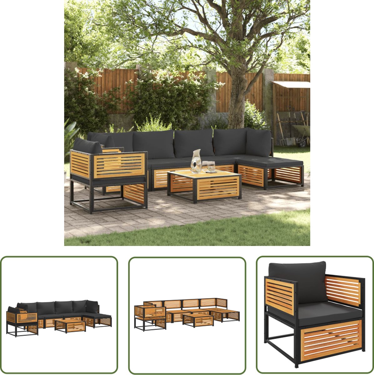 The Living Store 7-delige Tuinbankstel met kussens massief acaciahout - Loungeset - Acacia Hout - Tuinmeubels - Lounge Set - Buitendecoratie