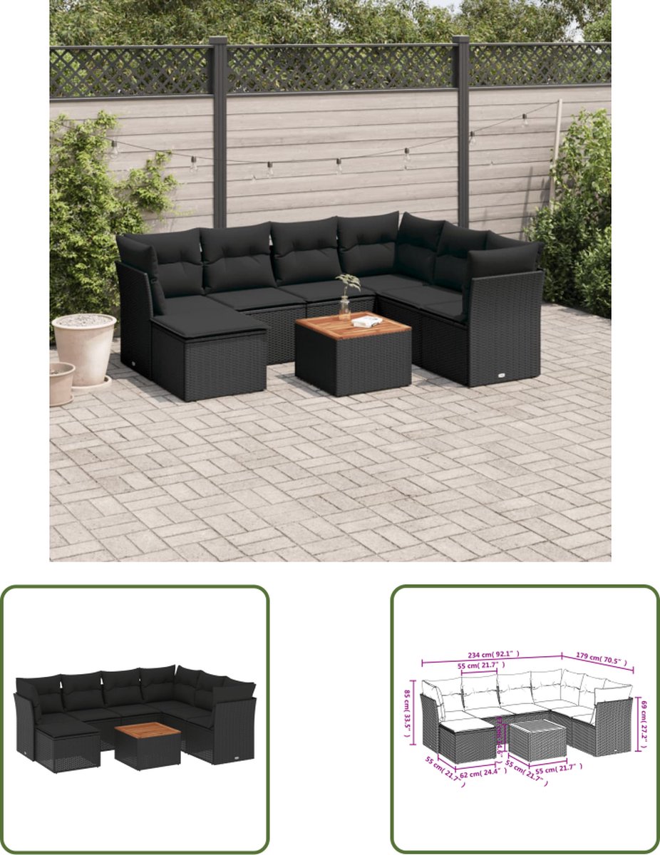 The Living Store 8-delige Loungeset met kussens poly rattan zwart - Loungebank - Lounge Set - Buitendecoratie - Tuinstoel - Tuinset