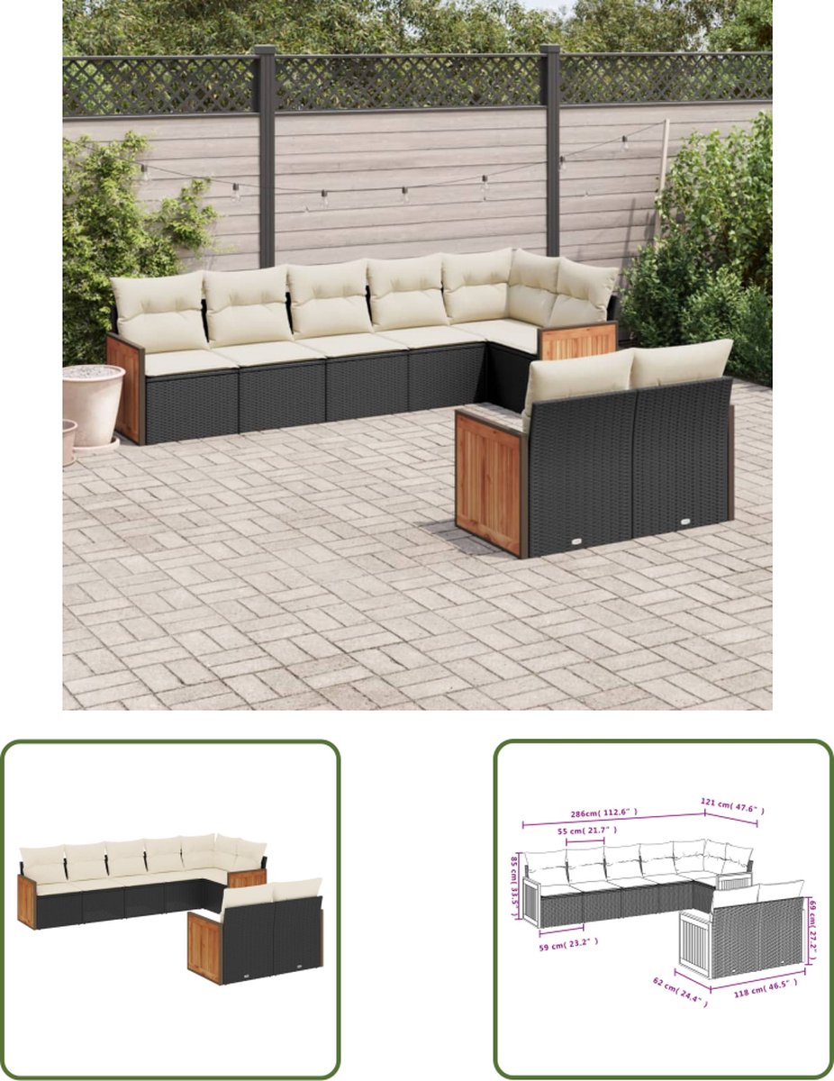 The Living Store 8-delige Loungeset met kussens poly rattan zwart - Loungeset - Tuinset - Lounge - Outdoor Furniture - Garden Furniture