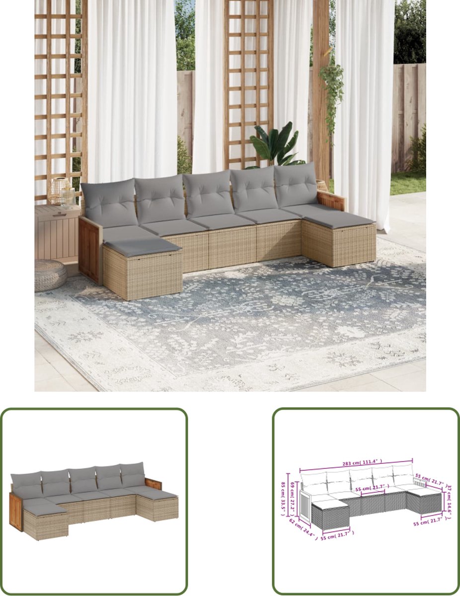 The Living Store 7-delige Loungeset met kussens poly rattan beige - Loungeset - Tuinmeubels - Lounge Set - PE-rattan - Outdoor Furniture