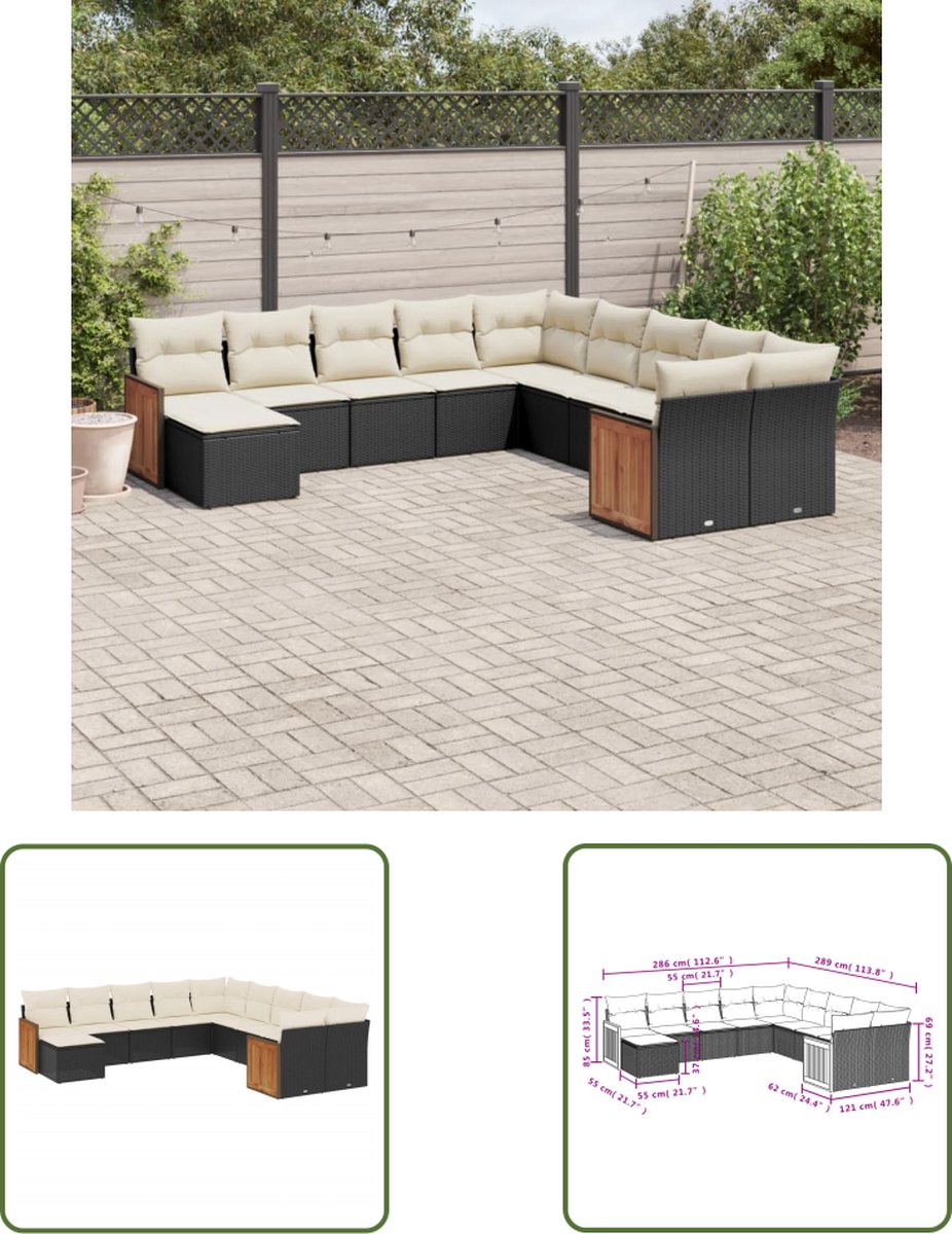 The Living Store 11-delige Loungeset met kussens poly rattan zwart - Loungeset - Lounge Set - Tuinlounge - Buitendining - Tuinmeubels