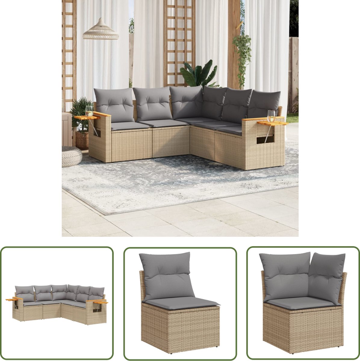 Beige poly rattan loungeset met kussens voor buiten.