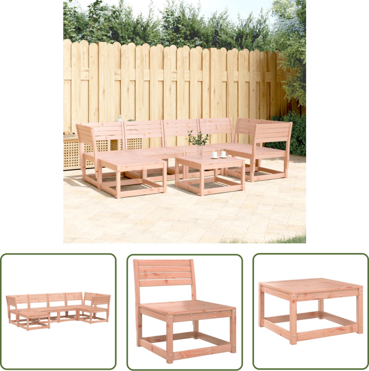 Massief douglashouten loungeset met comfortabele kussens en bijzettafel.