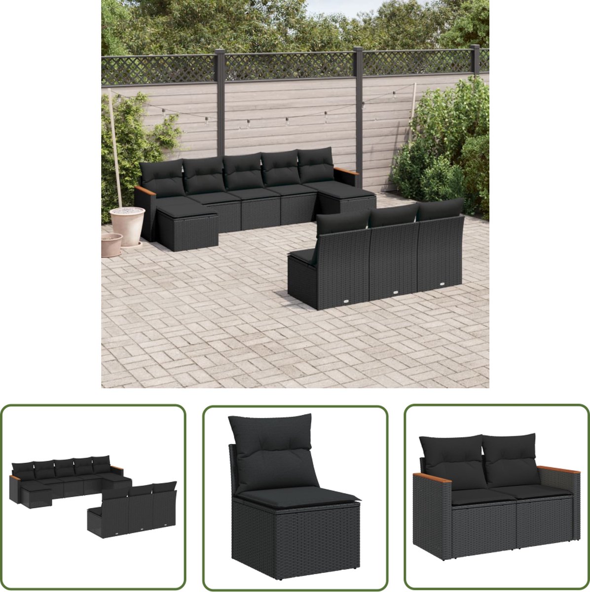 Zwarte poly rattan loungeset met kussens voor buiten - Tuinmeubels.
