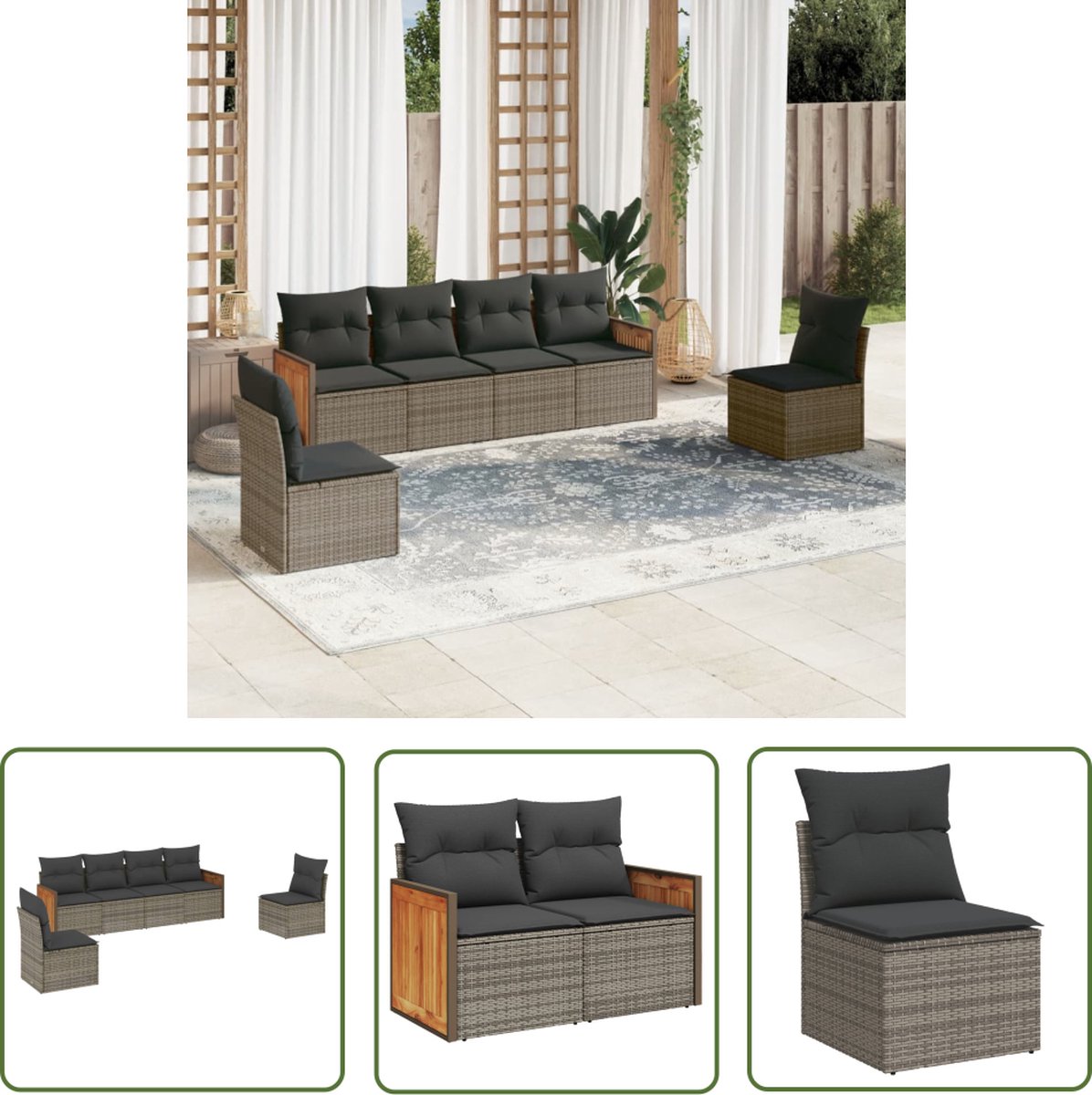 The Living Store 6-delige Loungeset met kussens poly rattan grijs - Loungeset - Tuinset - Lounge Set - Buitendecoratie - Tuinmeubels