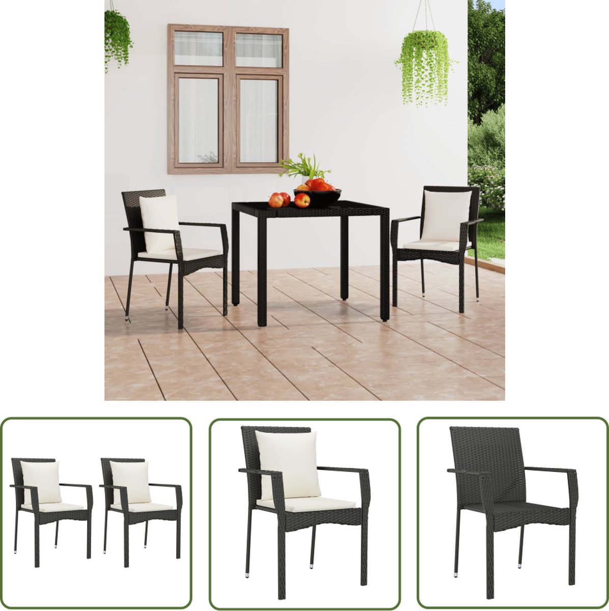 Zwarte poly rattan tuinstoelen met kussens - The Living Store - PE-rattan.