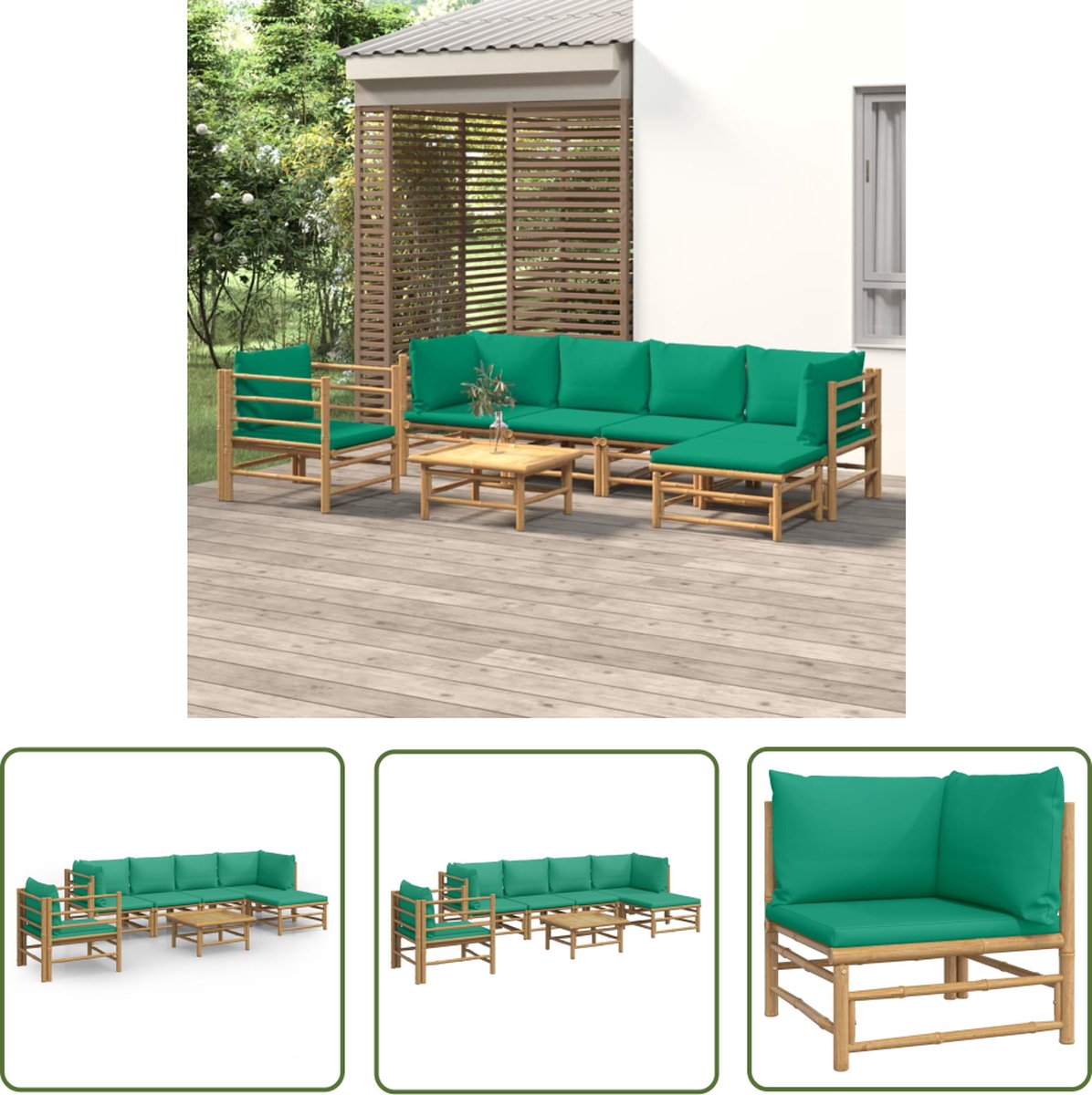 The Living Store 7-delige Loungeset met kussens bamboe groen - Bamboetuinset - Lounge Set - Tuinlounge - Buitenspeelkamer - Terrasdecoratie