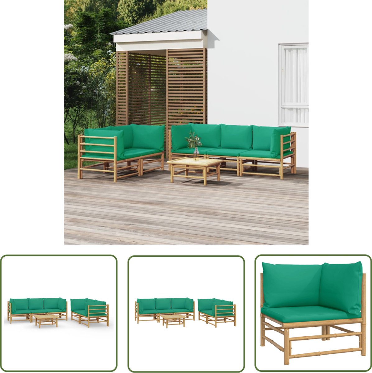 The Living Store 6-delige Loungeset met kussens bamboe groen - Bamboelounge Set - Lounge Set - Buitendecoratie - Tuinlounge - Tuinmeubel