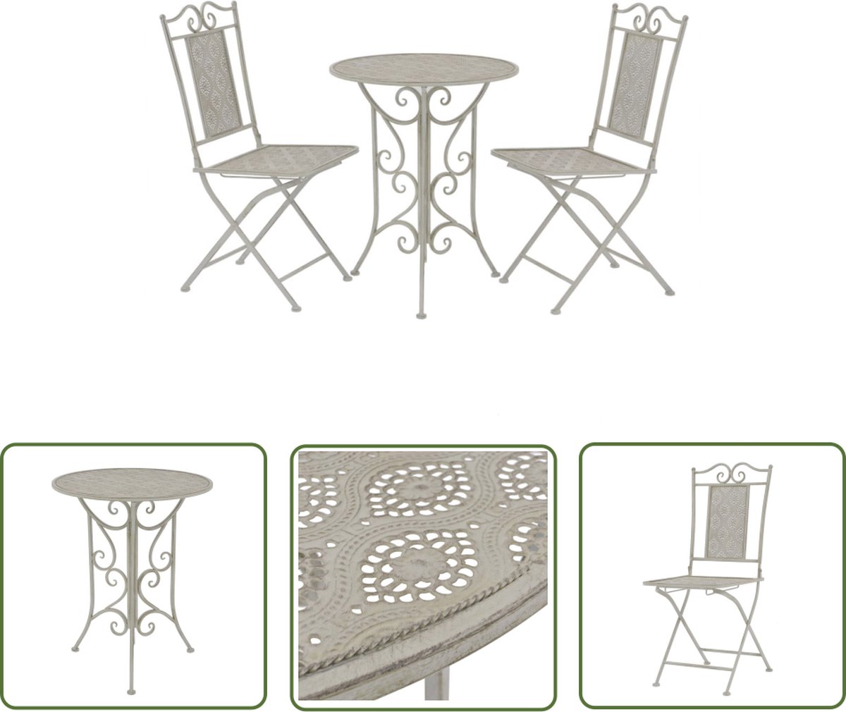 Stijlvolle vintage grijze stalen bistroset voor tuin- en balkoninrichting.