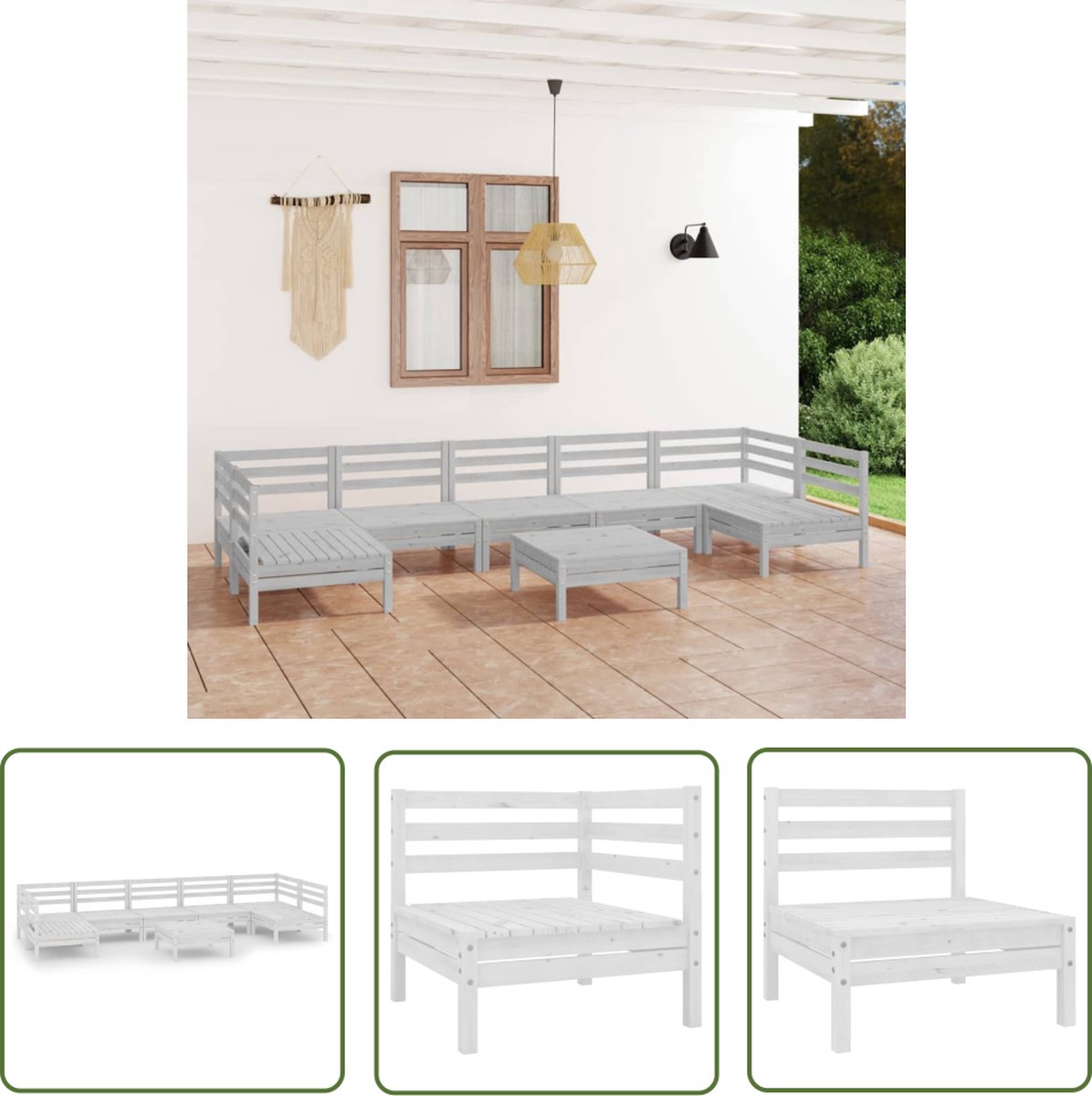The Living Store 8-delige Loungeset massief grenenhout wit - Loungeset - Tuinset - Hout - Grenenhout - Wit